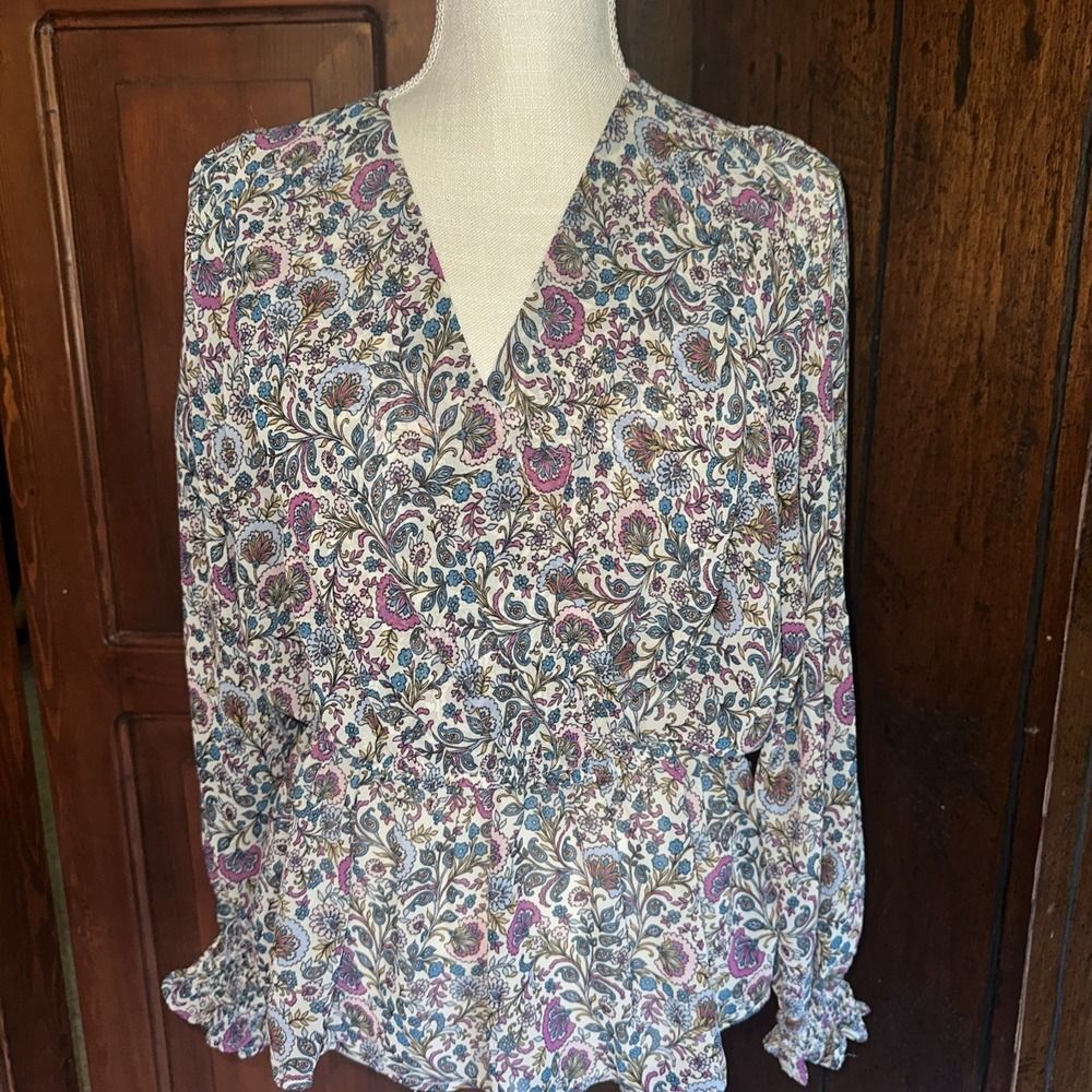 Women's Dear John Size Small Boho Floral Faux Wrap Front V Neck Top Blouse